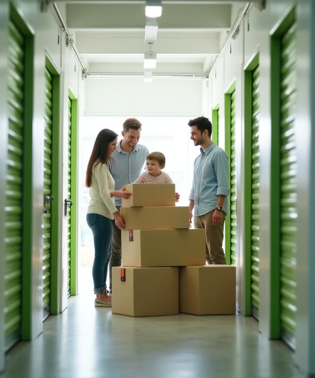 A family organized placing boxes into a bright, modern storage unit